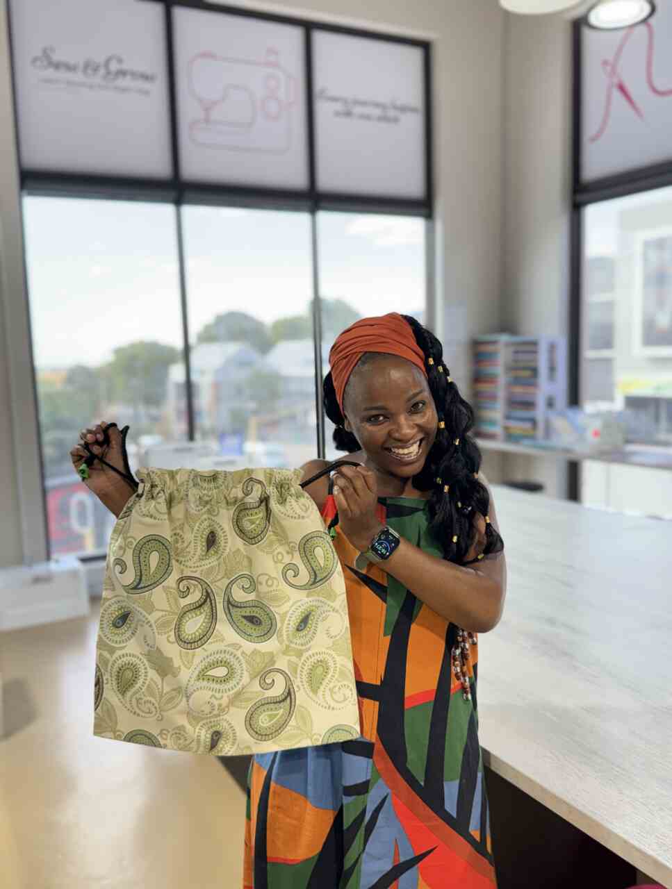 Student-made drawstring bag