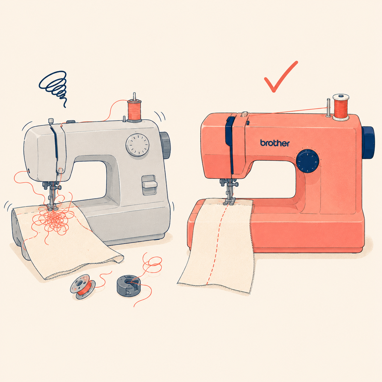 A cheap disposable sewing machine with tangled thread next to a Brother machine sewing a clean straight line