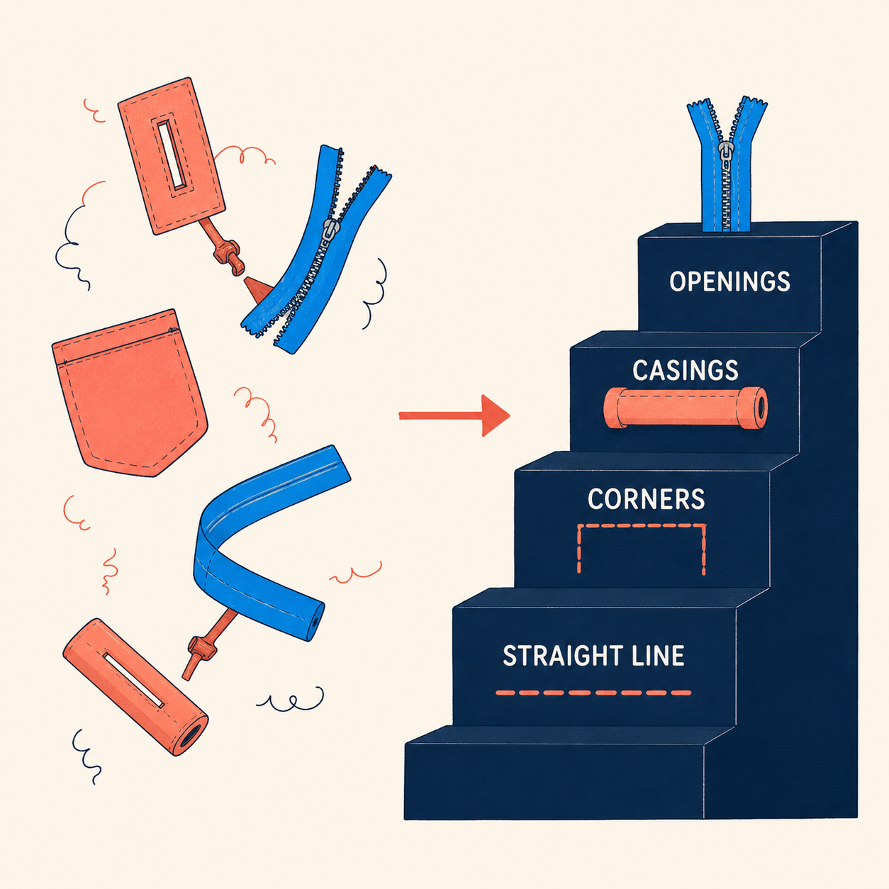 Staircase diagram showing sewing skills building in order: straight line, then corners, casings and openings