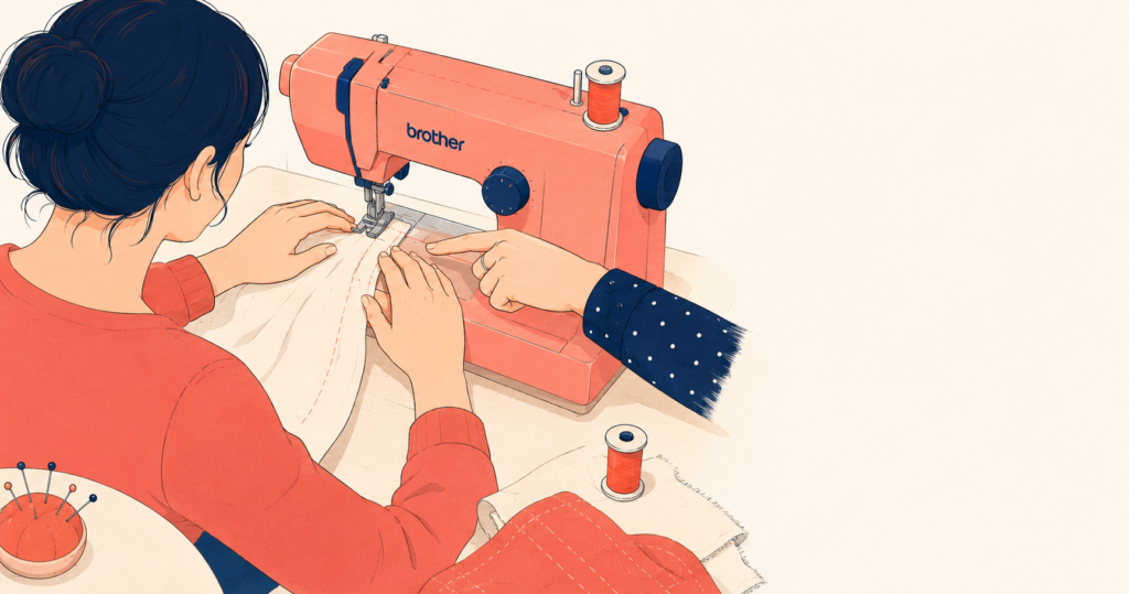 A beginner sewing on a coral Brother sewing machine at Sew and Grow