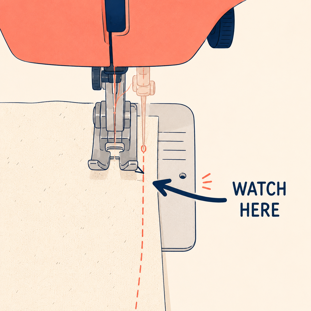 Sewing machine presser foot close-up with an arrow labelled Watch Here pointing to the foot edge