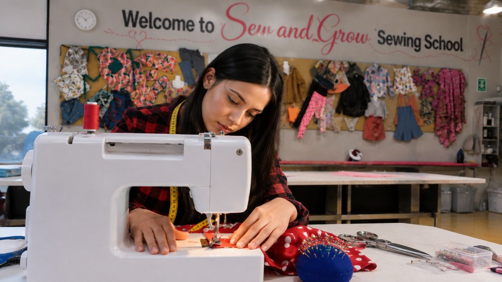 A student sewing bright fabric at her machine under the welcome sign