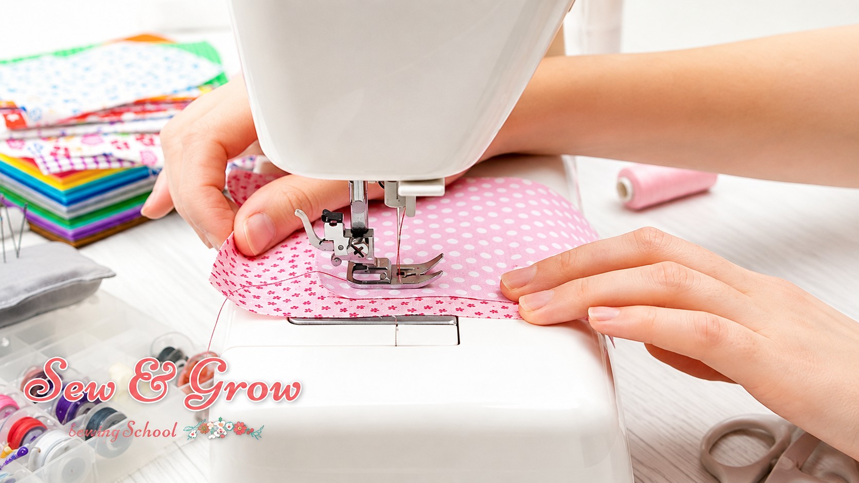 Close-up of hands guiding fabric into a neat, professional seam