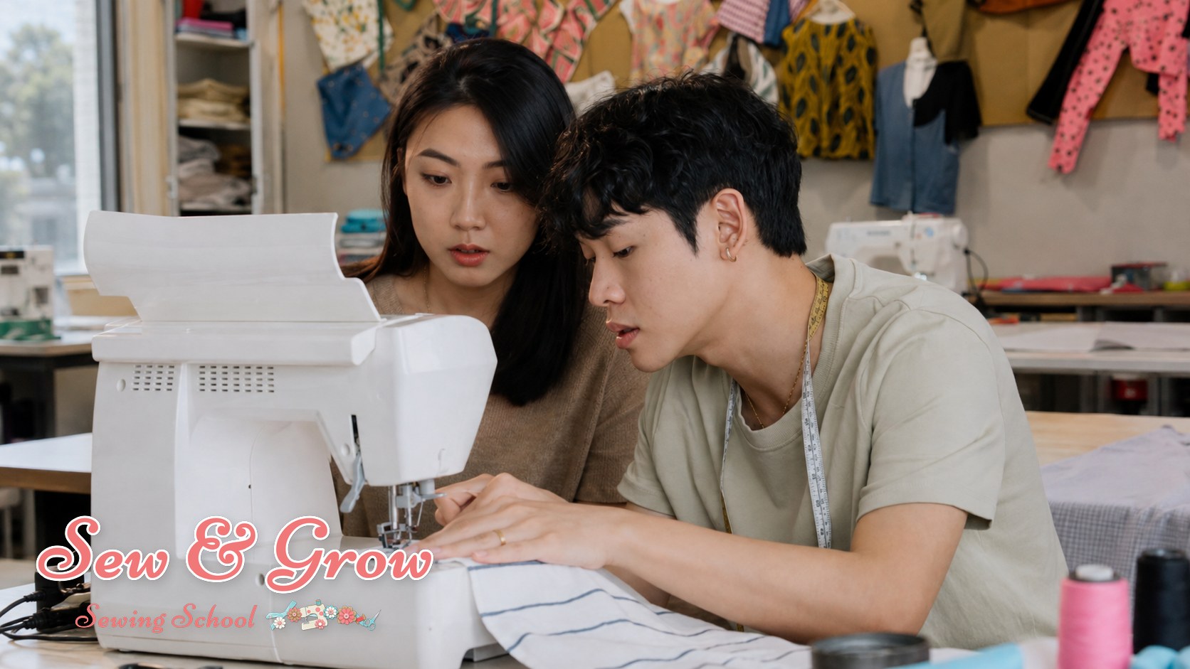 A student being taught at a sewing machine