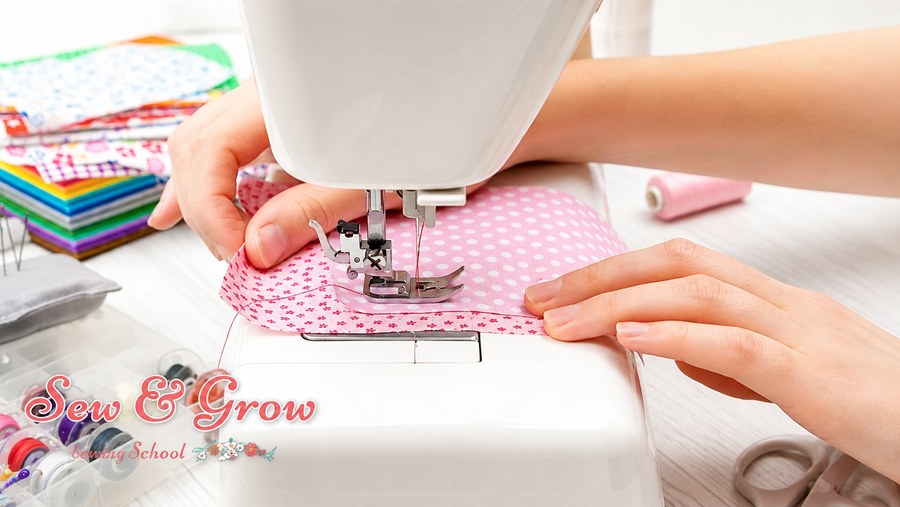 Close-up of hands guiding polka-dot fabric under the machine needle