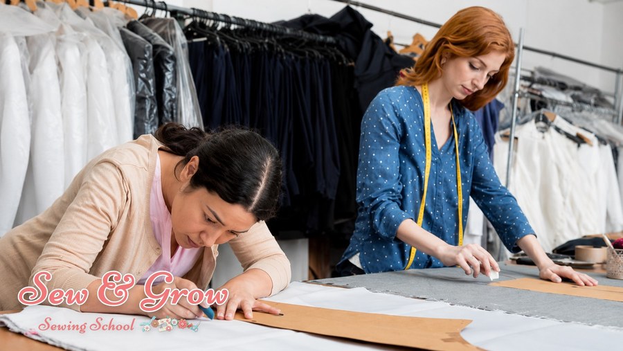 Two dressmakers cutting fabric from patterns in the studio