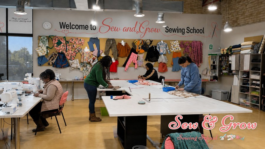 Students at work in the Sew and Grow studio under the welcome sign