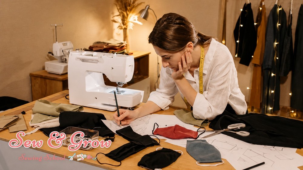 A designer sketching garment patterns beside her sewing machine