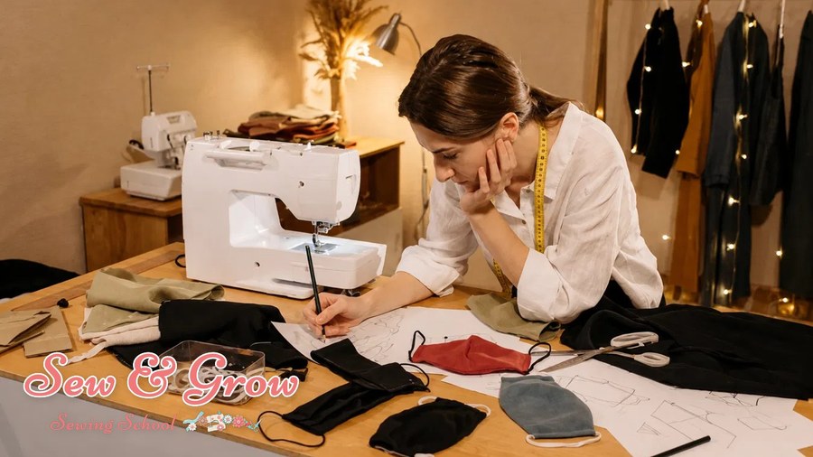 A designer sketching garment patterns beside her sewing machine