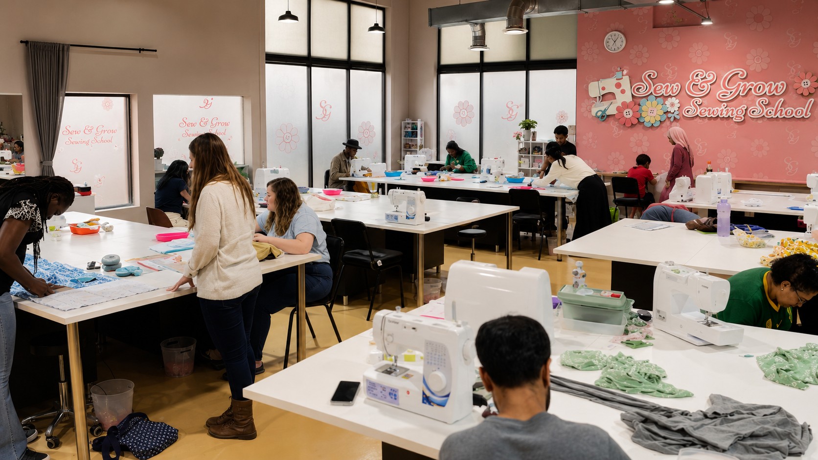 The professionally set-up Sew & Grow studio, workstations and machines ready