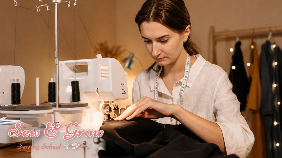 A sewer finishing a dark garment on an overlocker