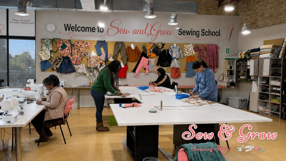 Students at work in the Sew and Grow studio under the welcome sign
