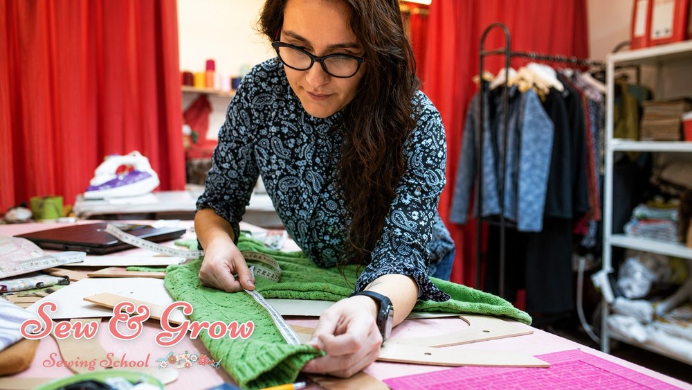A dressmaker measuring a green knitted garment on the cutting table