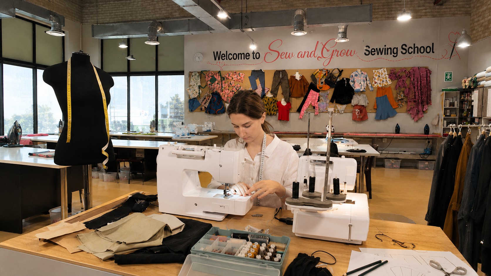 A welcoming, well-organised sewing studio ready for a class