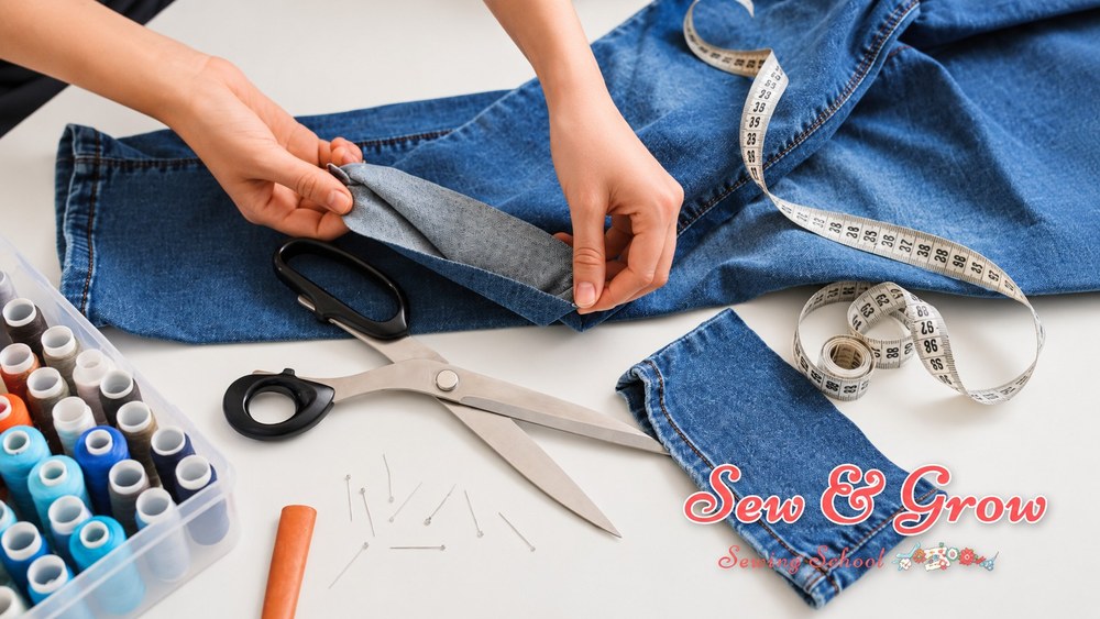 Hands altering a pair of jeans with scissors and a tape measure